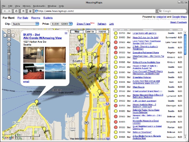 Figure 5-1: A mashup that combines Craigslist and Google Maps.